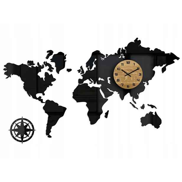 Nástěnné hodiny v moderním stylu Mapa světa Černý dřevěný štít