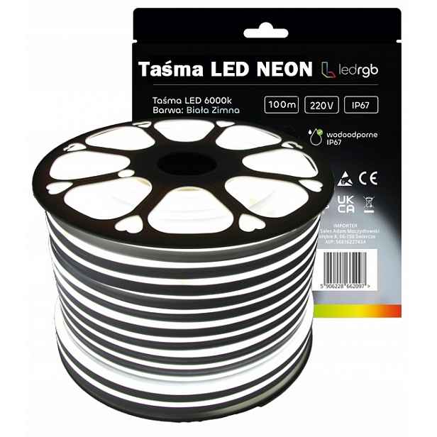 Led pásek Neon 2835 220V 230V 100m Rolka 6000K Bílá Studená Voděodolná IP67