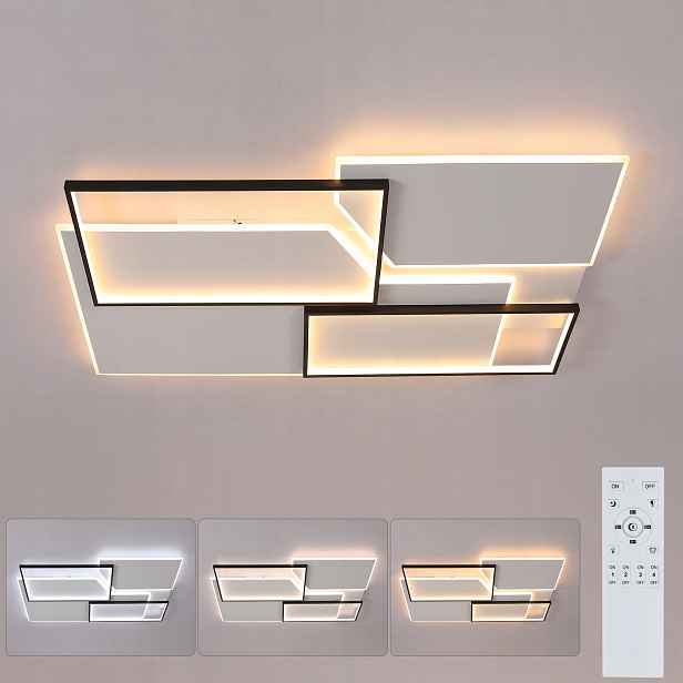 Stropní Závěsné Svítidlo Černé Led Lustr Bílé Obdélníkové S Dálkovým Ovládáním 80W