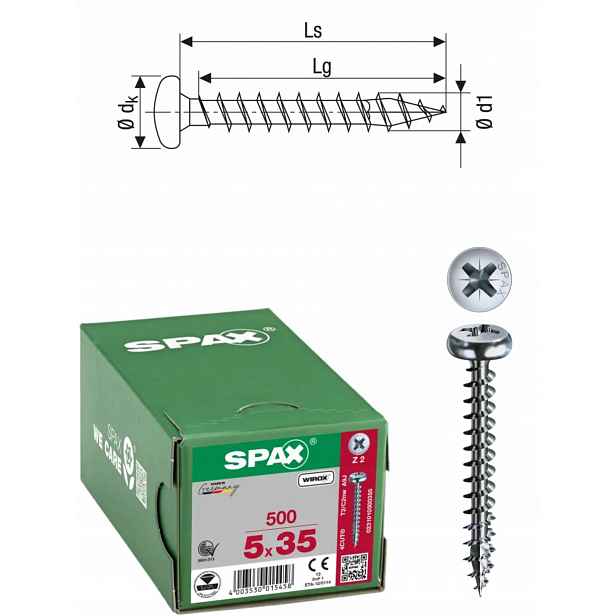 Univerzální vrut do dřeva spax 5 x 35 Wirox Hb Pz 500 ks
