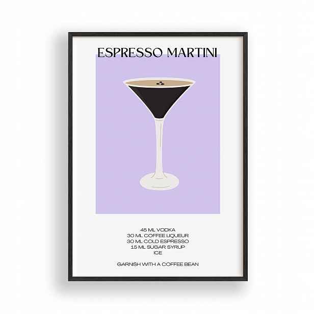 Obraz Koktejl Espresso Martini Plakát Rámeček Dřevěný Černý 30x42 cm