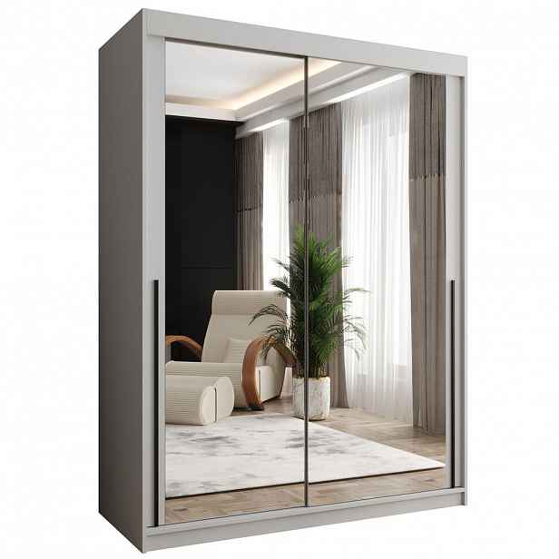 Home Collective ŠATNÍ SKŘÍŇ S POSUVNÝMI DVEŘMI se zrcadlem, šířka 150 cm, bílá s černým madlem