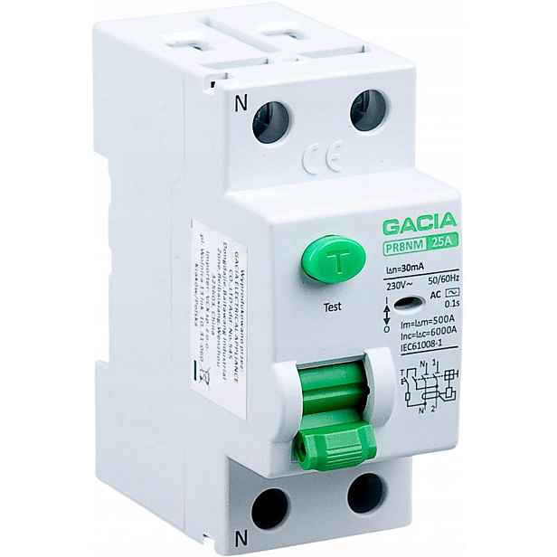 Proudový chránič 25A, 30mA, 2P, typ A Gacia PR8NM 2P 25A 30MA A