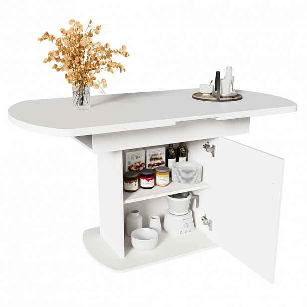 Redom ROZKLÁDACÍ oválný jídelní stůl 110/130/70/75 cm s úložným prostorem, moderní minimalistický design, Bílá/Zlatá