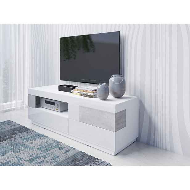 SILKE TYP 41 televizní stolek 2S1V, bílá/bílý lesk/beton colorado