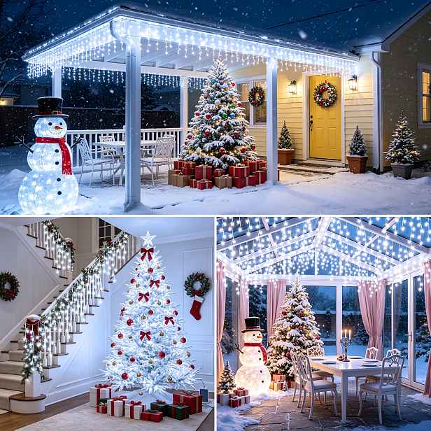 TEMU Venkovní řetězová světla, 35m 1000-LED rampouchová světla s časovačem, venkovní vánoční/pohádková světla, 8 režimů a paměťová funkce, vhodná pro