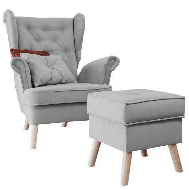 Idohome KŘESLO CLASSIC s podnožkou a bukovými nohami, šedobéžové