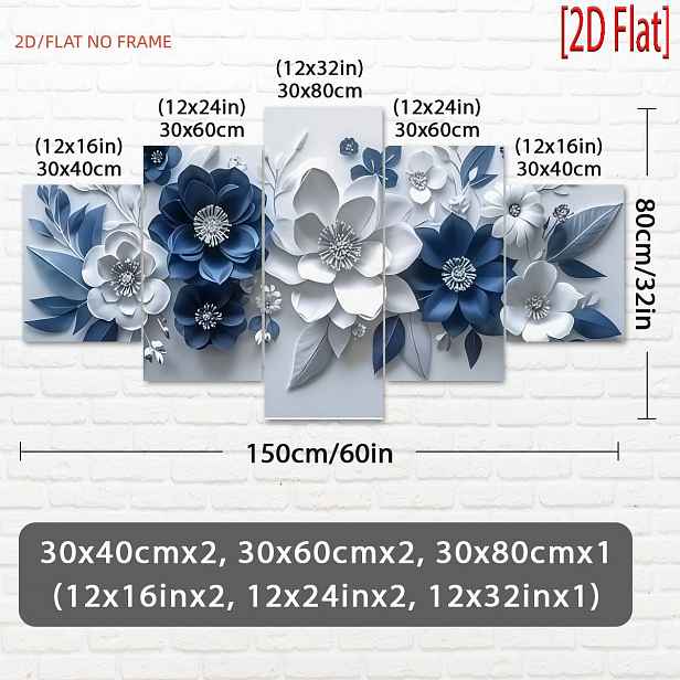 TEMU 2D ploché, 2D ploché, (2D ploché) Sada 5 ks elegantních modrobílých květinových obrazů na plátně bez rámu, vhodné pro domácí dekorace,