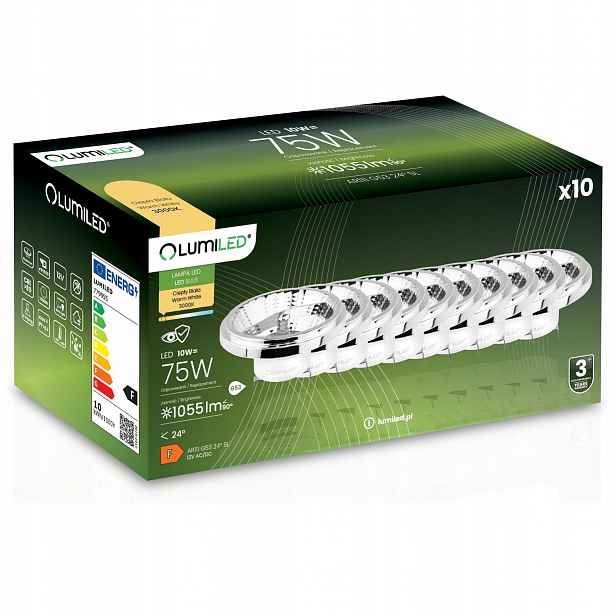10x Led žárovka G53 AR111 10W 75W 1055lm 4000K 24° 12V Stříbrná Lumiled