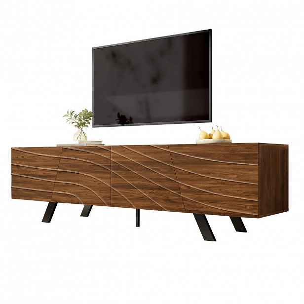 STILVORA TV STOLEK ořechový, vlnité čelo, černé železné nohy, do obývacího pokoje, 160×39×50,5 cm