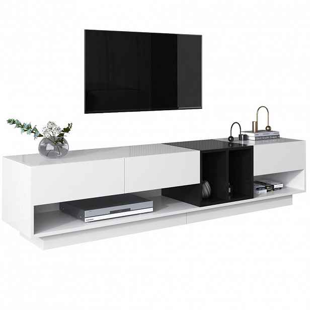 Redom TV stolek 190/40/42 cm s vysokým leskem, třemi zásuvkami a dvěma otevřenými přihrádkami, Bílá