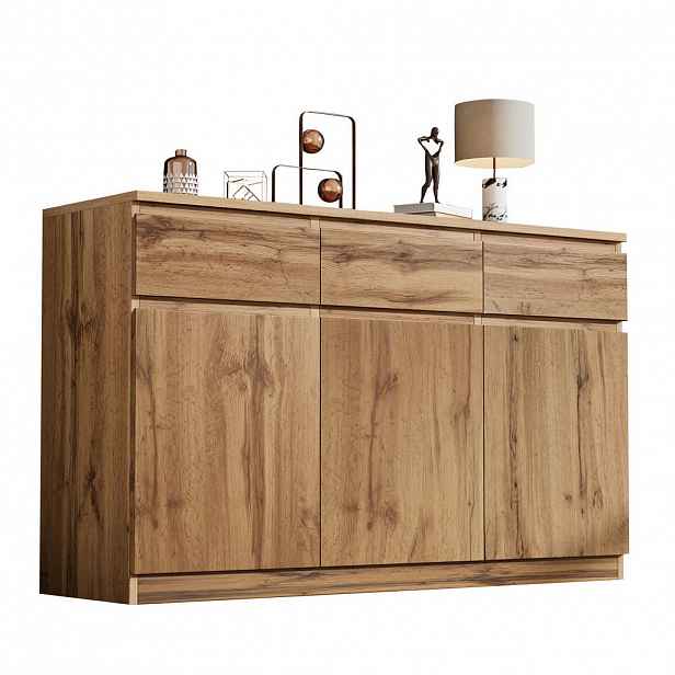 STILVORA KUCHYŇSKÁ SKŘÍŇ v přírodní barvě se 3 dvířky a 3 zásuvkami, do obývacího pokoje, 135 × 40 × 81 cm