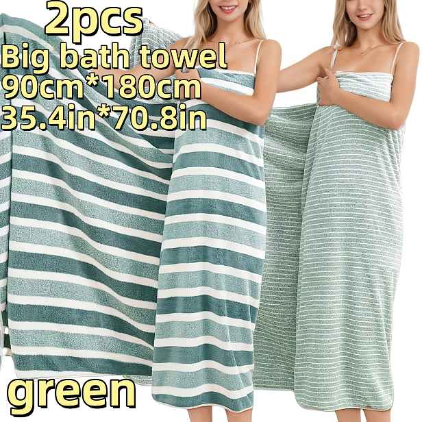 TEMU Sada 2 pruhovaných jumbo osušek do koupele, 35,4 x 70,8 palců, 100% korálový fleece, sada pro ks do koupelny, odolné, měkké, savé,