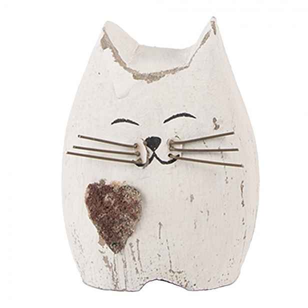 Bílá antik dřevěná dekorace kočička se srdíčkem Rustic Cat S - 6*4*7 cm Clayre & Eef