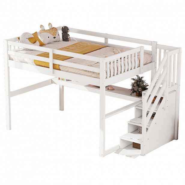STILVORA HOCHBETT 140/200 cm in Weiß Kinderbett mit Schubladen, Schreibtisch und Regal