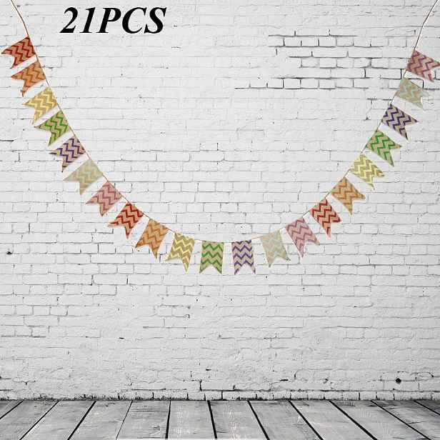 TEMU 21 ks Vlajky Ručně vyráběné Rustikální Jutový Vintage Banner Svatba Párty Barevný Pruhovaný Banner Girlandy Narozeniny Baby Shower Dekorace