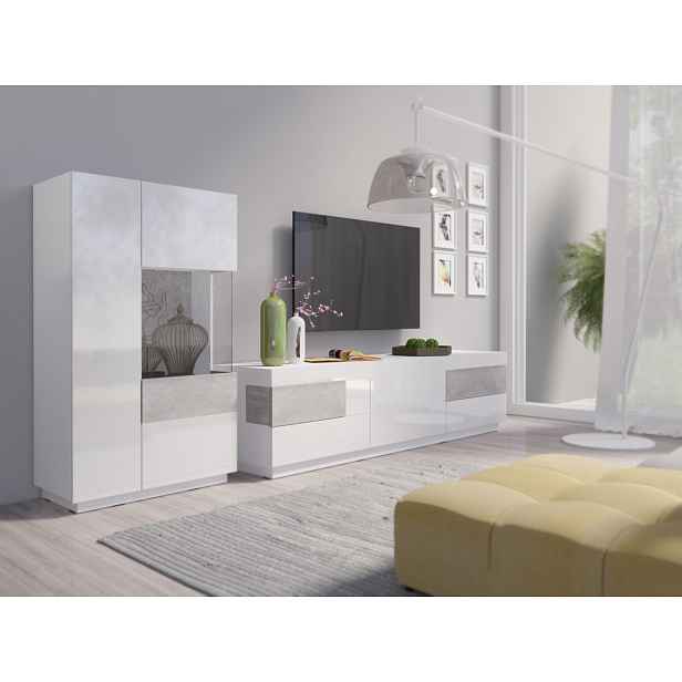 SILKE TYP 15 obývací stěna 2, bílá/bílý lesk/beton colorado