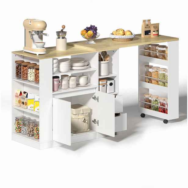 Modfu KUCHYŇSKÝ ostrov z MDF 115x50x92 cm bílá/přírodní s otočnou a výsuvnou deskou a úložným prostorem