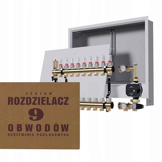 Rozdělovač pro podlahu 9 okruhů se skupinou Grundfos podomítková skříňka