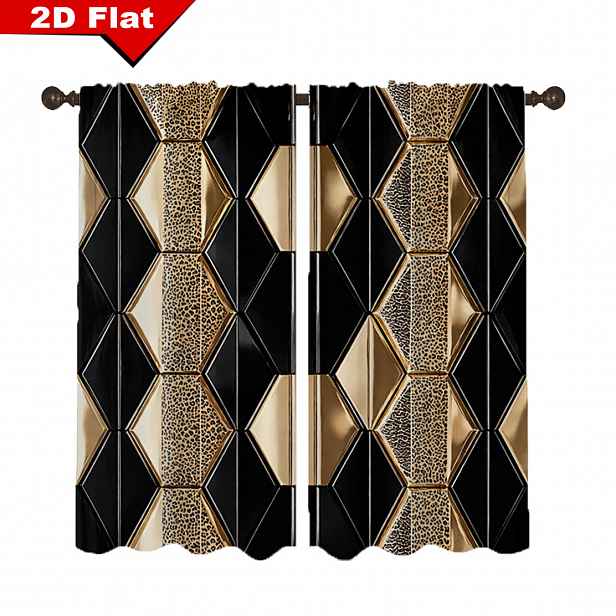 TEMU 2D Ploché, 2ks Moderní Černé Zlaté Leopardí Závěsy - Poloprůhledné Panely s Kapsou na Tyč Vhodné pro Obývací Pokoj & Ložnici, Design, Luxusní