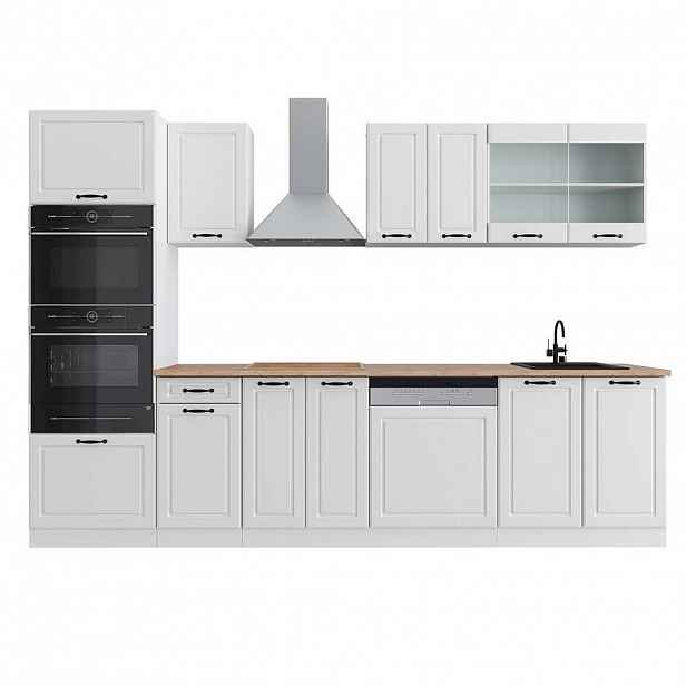 Vicco KUCHYŇSKÝ KOUT R-Line Bílý venkovský dům 300 cm s vysokou skříní, PD Dub