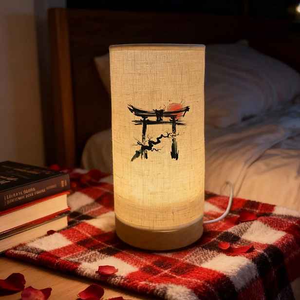TEMU Japonský styl látková stolní lampa, měkké světlo šetrné k očím, napájení přes USB, Torii bránou a sakurami, ideální pro domácí dekoraci a