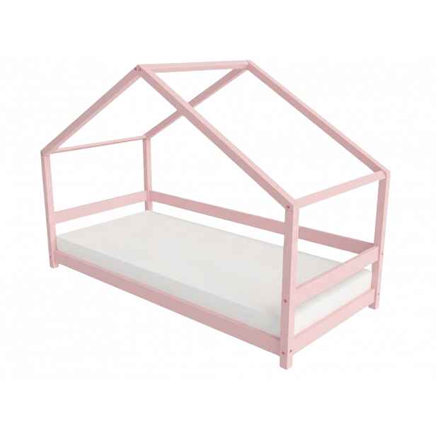 Benlemi Dětská postel domeček LUCKY s předním štítem Zvolte barvu: Pastelově růžová, Zvolte rozměr: 80x190 cm, Zvolte zábranu: S otevřeným vstupem