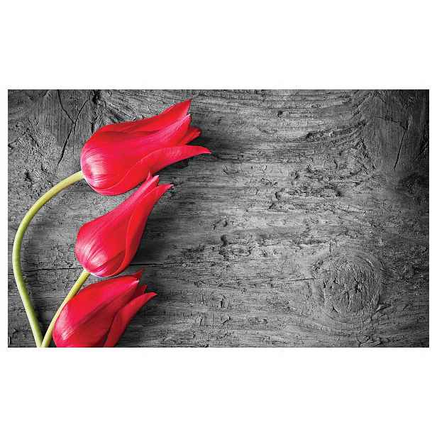 Fototapeta Červené tulipány na šedém dřevě a desce 200x140 lepidlo