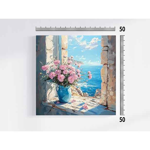 Obraz Na Plátně Canvas Olej Okno Pohled Moře Jižní Květiny Váza 50x50