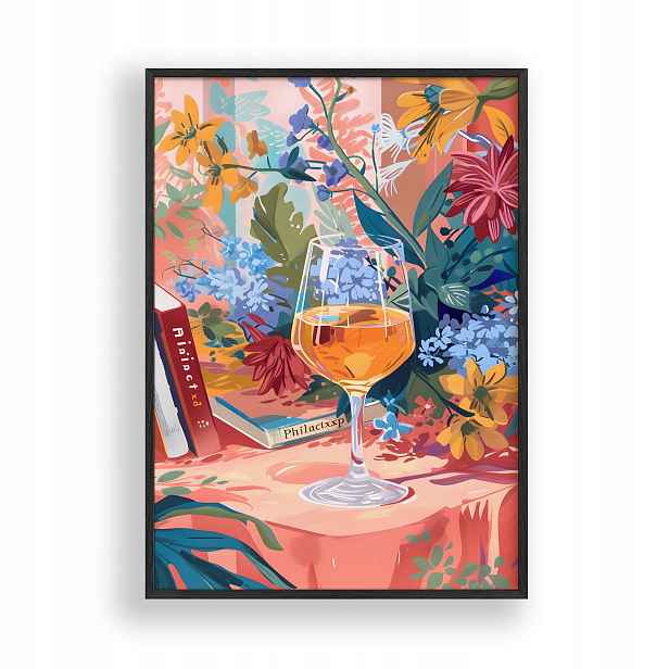 Obraz Sklenička vína Květiny Plakát Rámeček Dřevěný Černý 30x42 cm