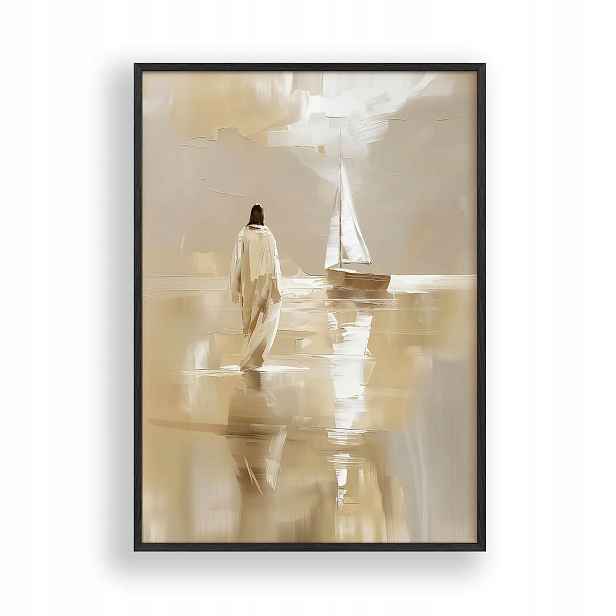 Obraz Ježíš a Loď Plakát Rámeček Dřevěný Černý 30x42 cm