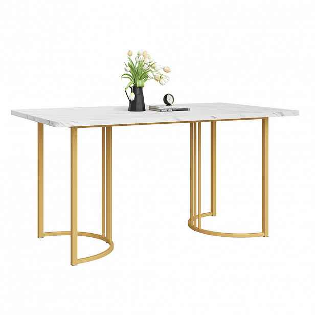 OKWISH JÍDELNÍ stůl 140/80 cm bílý z MDF a kovu s mramorovým dekorem a nastavitelnými nožkami