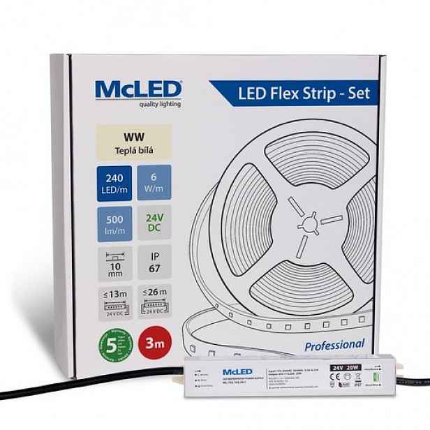McLED LED pásek - sada 3 m, 240 LED/m, WW, 6 W/m, DC 24V, 500 lm/m, CRI90, IP67, 10 mm, vodič 3 m ML-126.034.90.S03001
