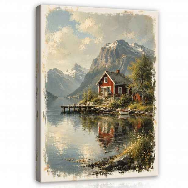 Obraz Hory Krajina Vintage Dům Jezero Do Ložnice Obývacího Pokoje Na Plátně 100x70