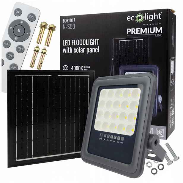 Solární Led Osvětlovač Dálkový Ovladač 50W, Montážní Sada Ecolight, Neutrální
