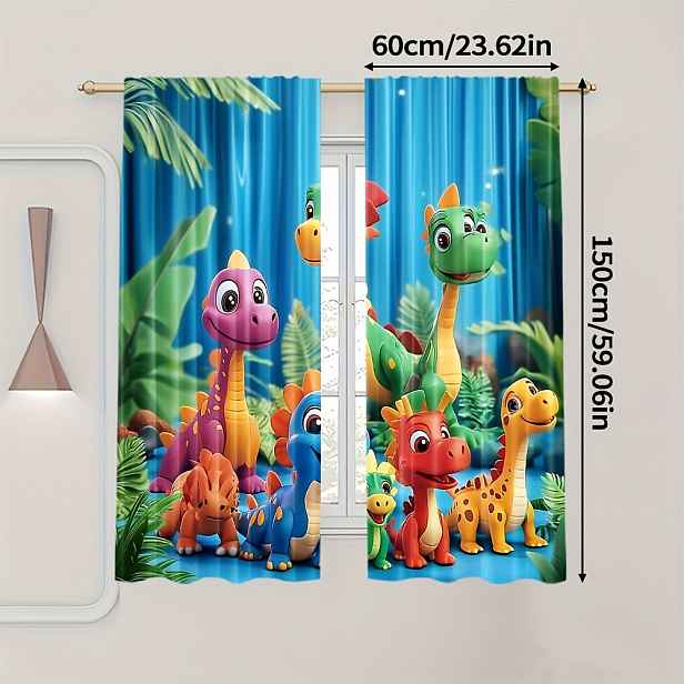 TEMU Sada 2 barevných závěsů se zvířecím vzorem, roztomilý design dinosaura, robustní polyesterový materiál, vhodné pro dekoraci obývacího pokoje,