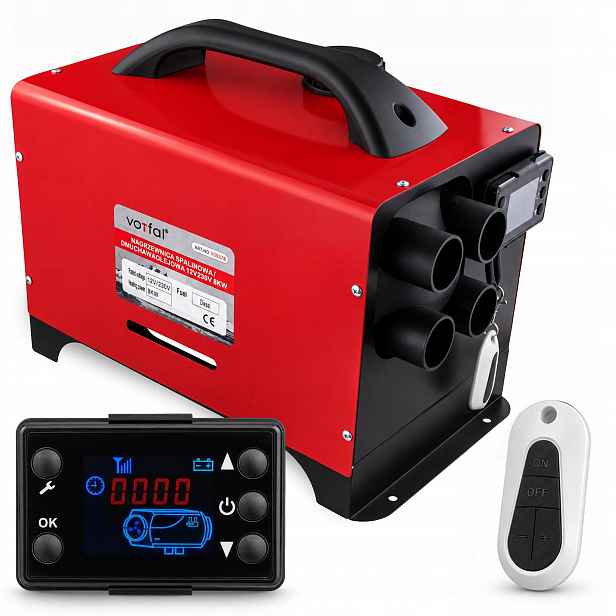 Olejový Spalinový Ohřívač 8KW 12V 230V LCD, Dálkové Ovládání, 4 Vývody Dieselu
