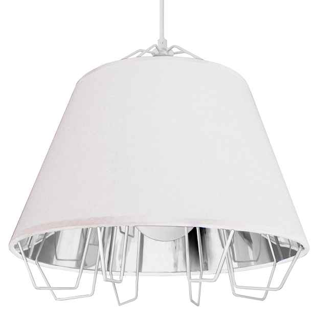 Závěsná drátěná lampa bílá stříbrná s stínítkem nad stůl, kulatá, Polux
