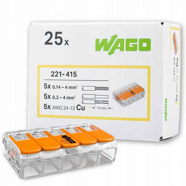 Spojka Wago 221-415 Rychlospojka Drát Lanko 0,2-4mm² 5x4mm Sada 25 Kusů