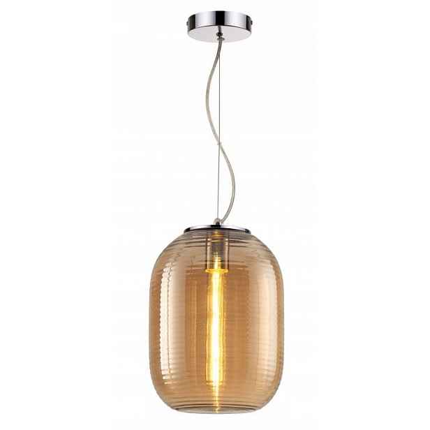Dekorativní chromovaná závěsná lampa s kulatý jantarovým stínítkem o průměru 23 cm Reality