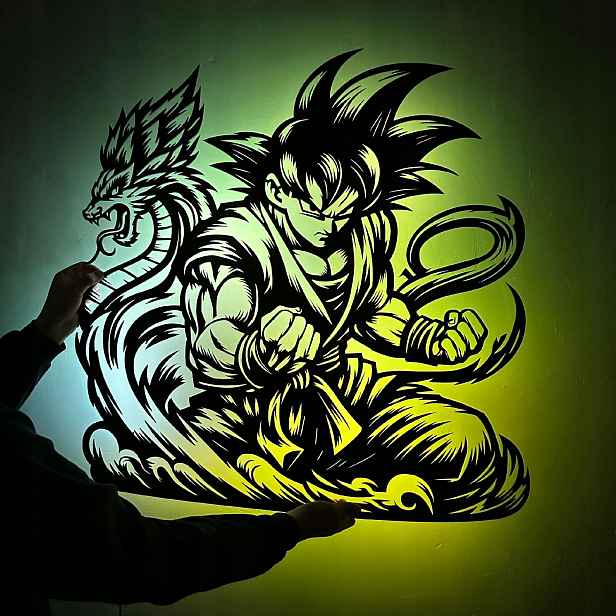 Dřevěný obraz Anime Goku Dragonball Nástěnný Dárek Noční Lampa Led XL