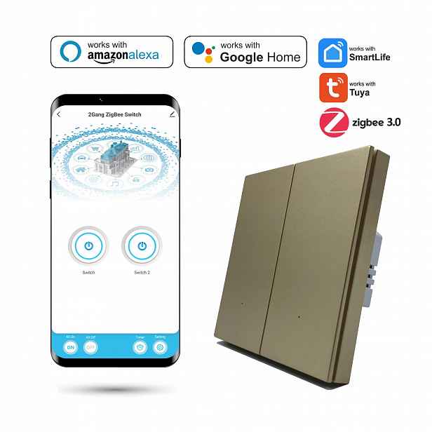 Dvojitý spínač Zigbee Tuya Smart s N Life Zlatý