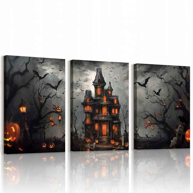 Obrazy na plátně Motiv Halloween Dýně Zámek 40x60 cm Sada 3 kusů