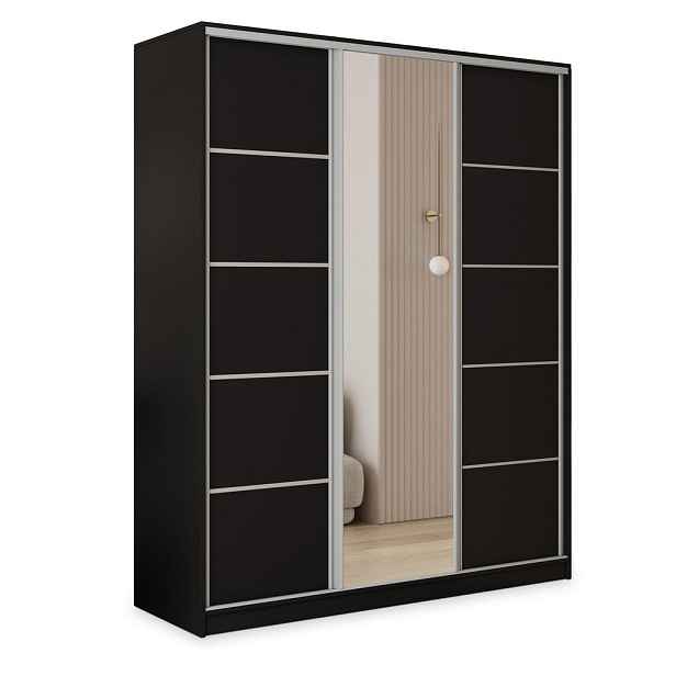 MASSENO ŠATNÍ SKŘÍŇ S POSUVNÝMI DVEŘMI PINA, 150/205/58 cm 3dveřová se zrcadlem a zásuvkami, černá