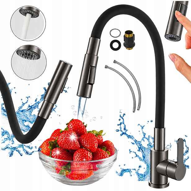 Kuchyňská Baterie Gun Metal Stojící flexibilní dvoufunkční výtok Kohoutek