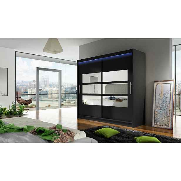 Šatní skříň 180 cm se zrcadlem a LED osvětlením FLORENCIO 3 - černá