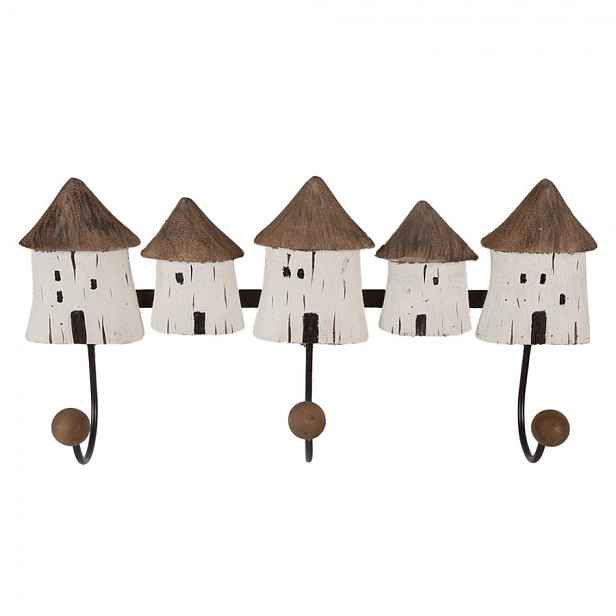 Nástěnný věšák se 3-mi háčky a dřevěnými domečky Rustic - 38*8*19 cm Clayre & Eef