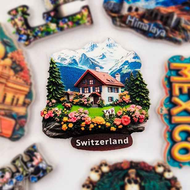 TEMU 1ks Švýcarská miniaturní cestovní památka, pastýřský magnet na lednici se sněhovou horou, 3D kreativní reliéfní pryskyřičné řemeslo, vysoce