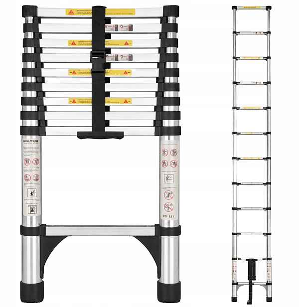 Žebřík 13 stupňů, skládací, 150 kg, výsuvný, 3,8 m