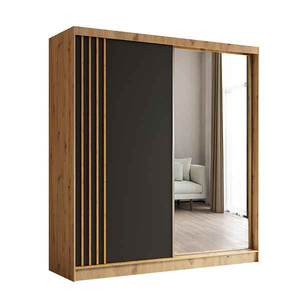 MASSENO ŠATNÍ SKŘÍŇ S POSUVNÝMI DVEŘMI NELVIA, 200/216/61 cm 2dveřová se zrcadlem, dub Artisan